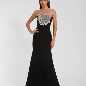 Mac Duggal Black Strapless Dress with Silver Floral Accent